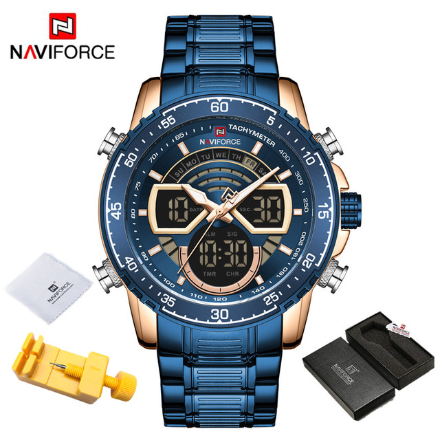 NAVIFORCE Men Sports Military Waterproof Watches Luxury Analog Quartz Digital Wrist Watch for Men Stainless Steel Gold Watches