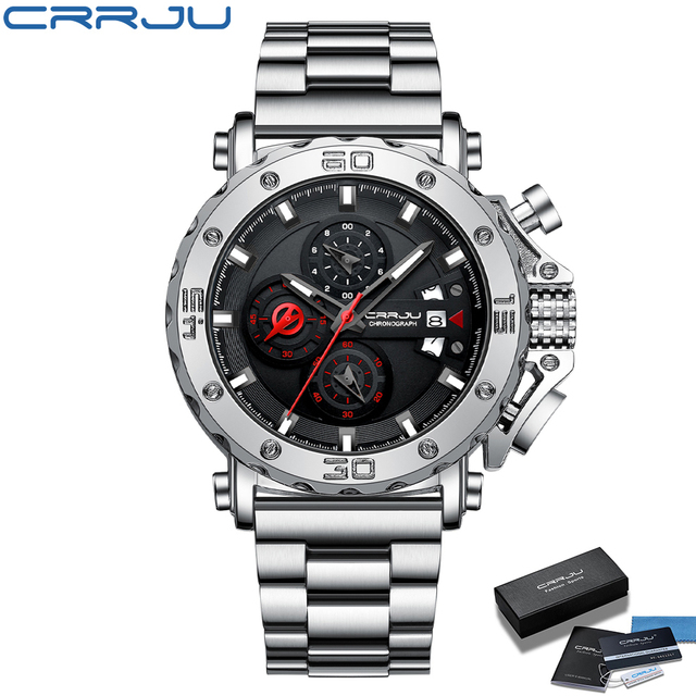 CRRJU Men Watch Luxury Brand Big Dial Stainless Steel Waterproof Chronograph Wrist Watches With Date Relogio Masculino