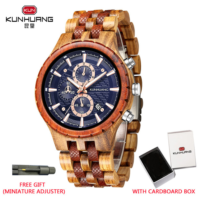 Kunhuang Business Men's Watch Wooden Stopwatch Date Display Chronograph Quartz Wrist Watches relogio masculino