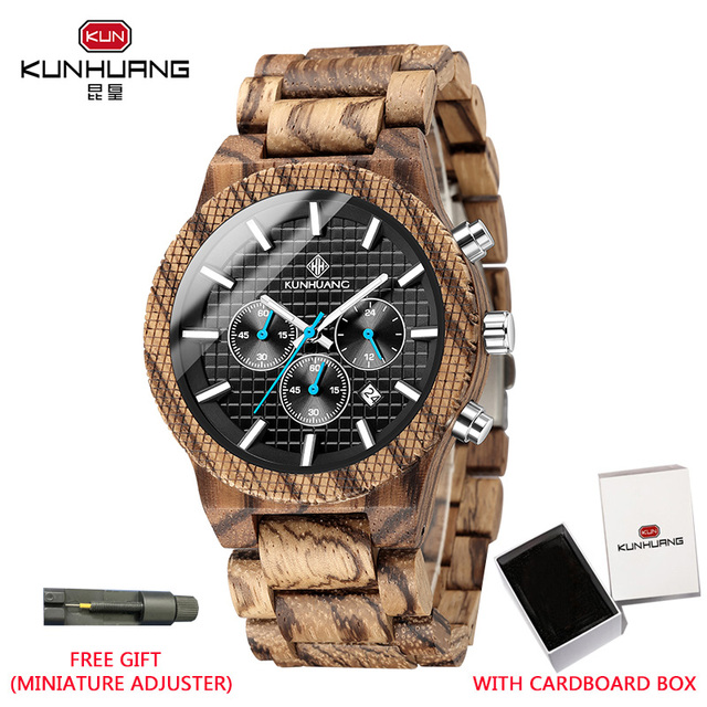 Kunhuang Luxury Elegant Men Wood Watch Military Chronograph Watches Quartz Relogio Masculino Custom Dropshipping