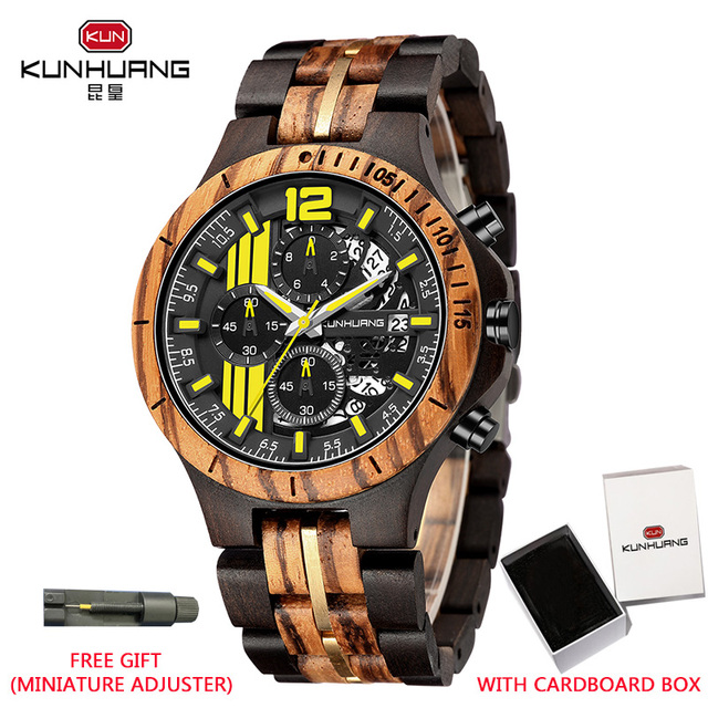 Kunhuang Handmade Wooden Watch Men Water Military Watches Chronograph Quartz Watches relogio masculino men gifts