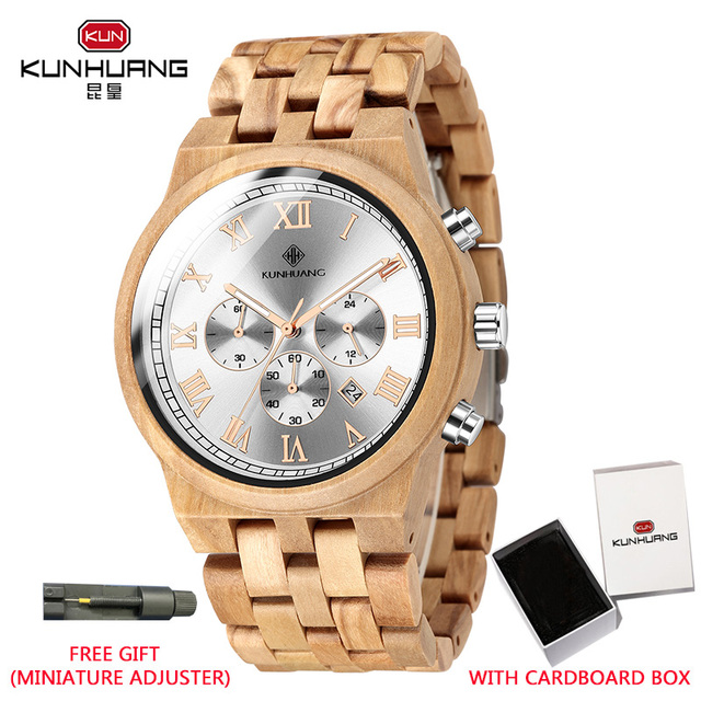 Kunhuang Wooden Men Watches Relogio Masculino Luxury Brand Stylish Chronograph Military Watch Great Gift for Man OEM