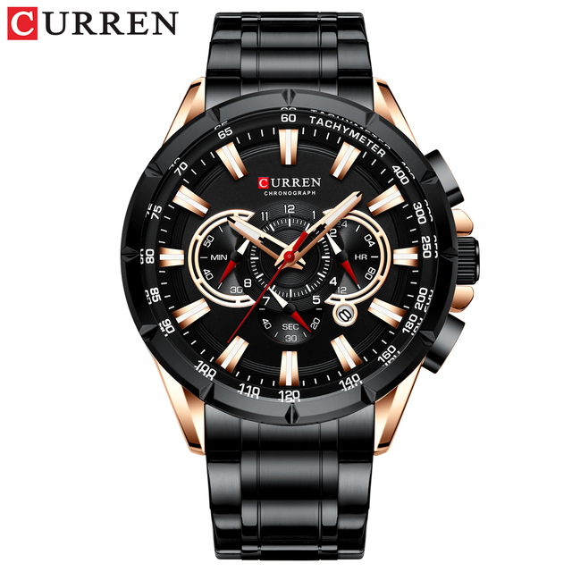 CURREN New Casual Sports Watch Men's Chronograph Stainless Steel Band Watch Large Wristwatch Quartz Watch With Luminous Pointers