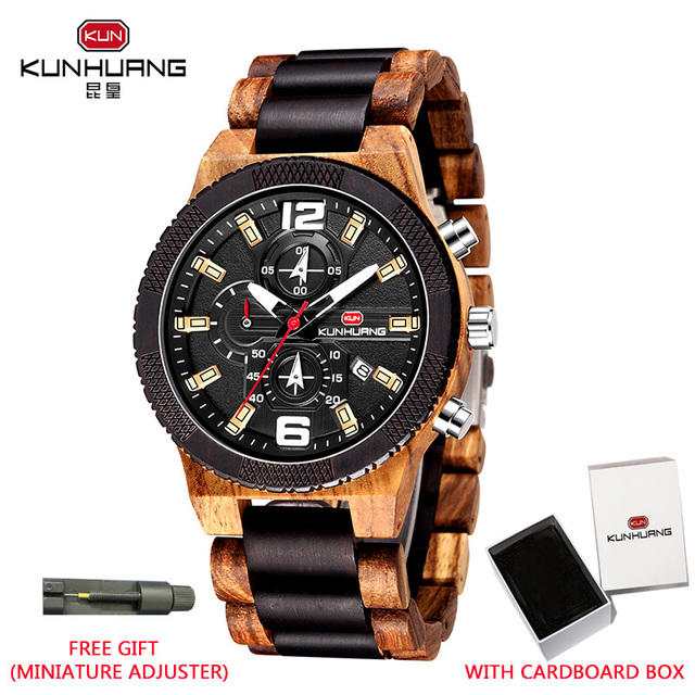 Kunhuang Wooden Watch Fashion Personality Creative Design Senior Ebony Men Watches Quartz Watch Movement Wooden Box Montre Homme