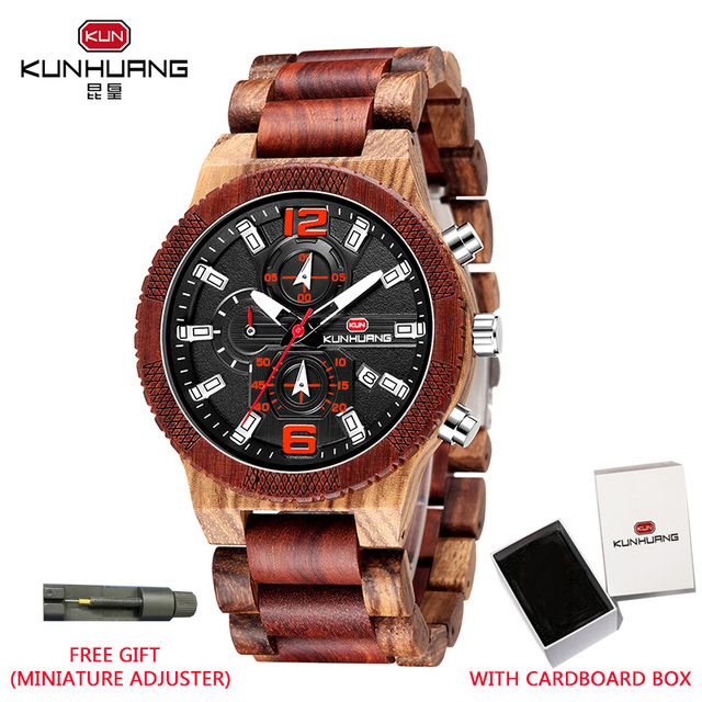 Kunhuang Luxury Wood Stainless Steel Men Watch Fashion Wooden Watches Chronograph Quartz Watches relogio masculino gift man