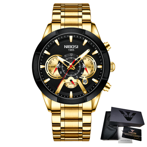 NIBOSI Men's Watch Chronograph Sport Men Watches Luxury Brand Waterproof Full Steel Gold Quartz Watch Men's Watch