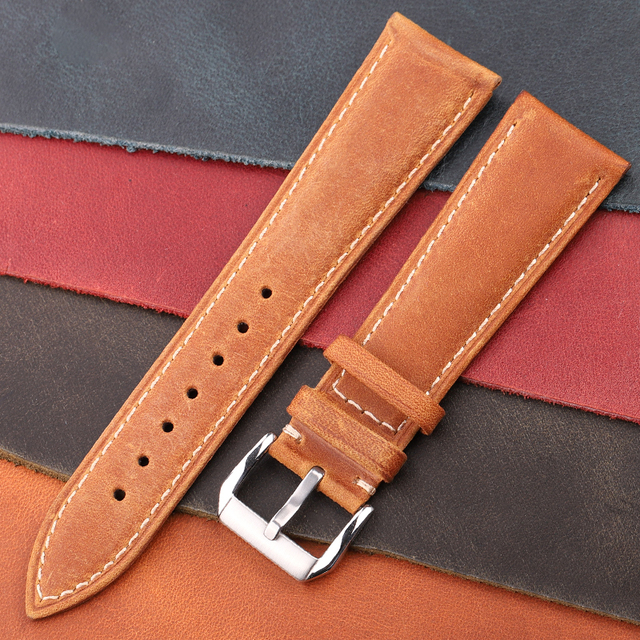 Oil Wax Genuine Leather Watchband Women Men Cowhide Watch Strap Band 18mm 20mm 22mm 24mm Watch Watch Bracelet Metal Clasp