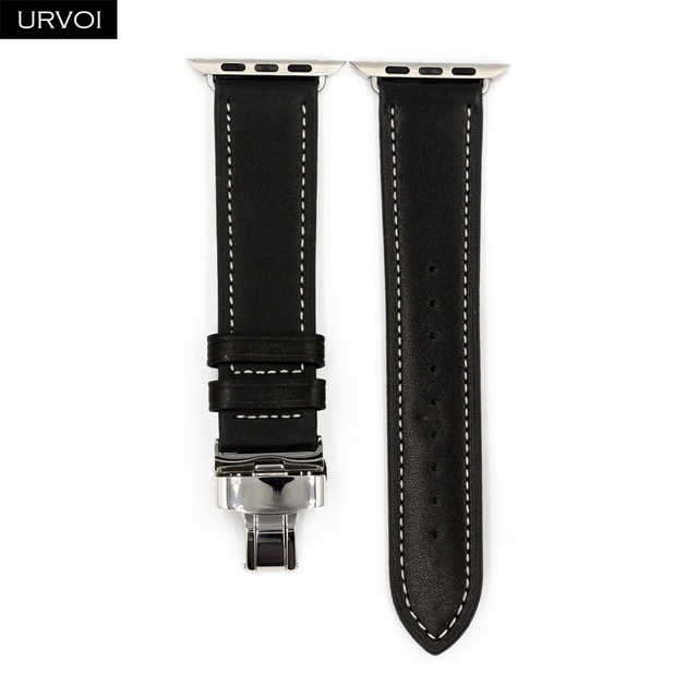 URVOI Deploy Buckle Band for Apple Watch 7 6 SE 5 4 3 Leather Strap for iwatch 41mm 45mm Single Round Design Butterfly Buckle