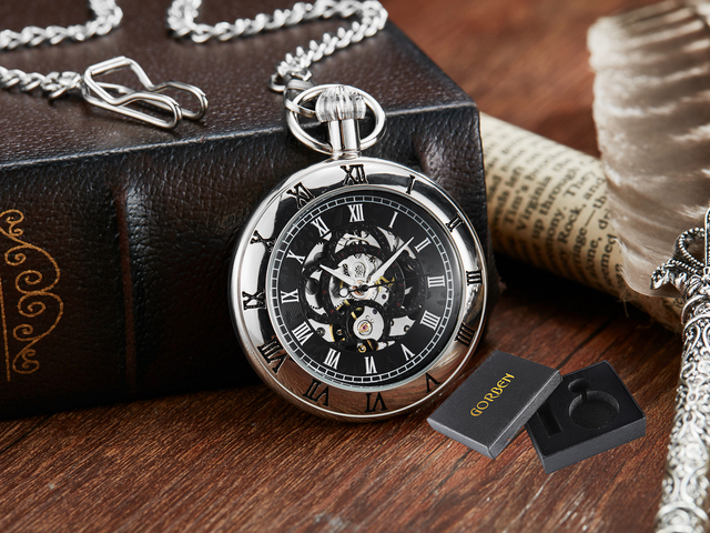 Retro Hand Wind Mechanical Luxury Steampunk Pocket Watch Hollow Silver Watches Roman Numerals Clock With Fob Chain Reloj Hombre