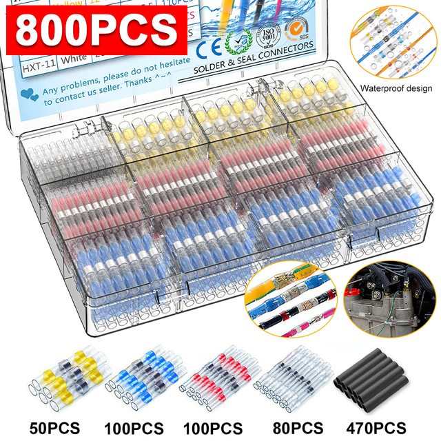 1200/800/50pcs Heat Shrink Butt Terminals Crimp Terminals Waterproof Welding Seal Electrical Connectors Marine Automotive Cable Stranding Wire