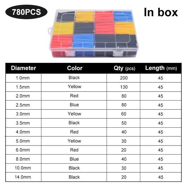 127/164/328/580/780pcs Polyolefin Heat Insulation Wire Cable Heat Shrink Tubing Shrinkable 2:1 Wrap Sleeve Tube Assortment Set