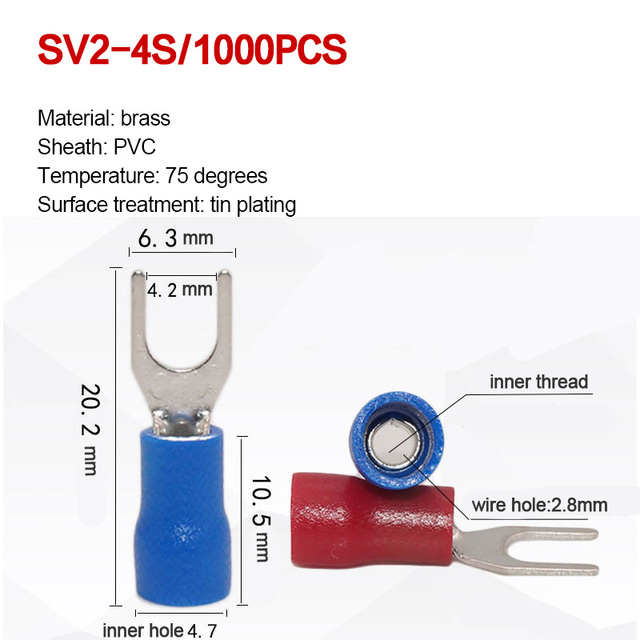 1000pcs SV 1.25 2 3.5-(3 4 5 6) Insulated Wire Terminals Electrical Lug Crimp Terminal 1.5-2.5mm-4mm 16-14 awg