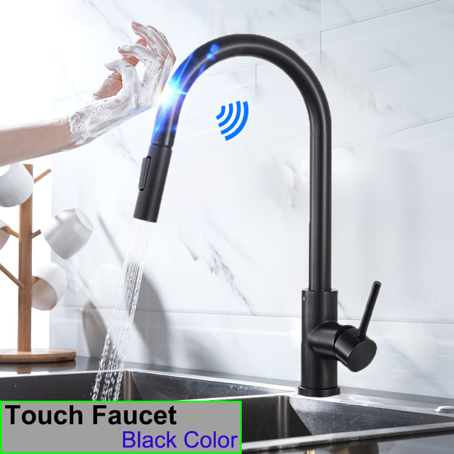 Black Touch Spring Kitchen Mixer Faucets Quality Brass Hot Cold Pull Kitchen Mixer Taps Smart Sensor Touch Kitchen Faucet