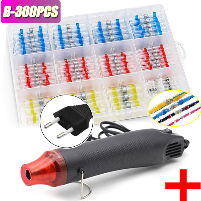 300pcs Electric Heat Shrink Butt Terminals Crimp Terminals Seal Welding Kit Waterproof Wire Twisting Cabling Connector With 300W Hot Air Gun