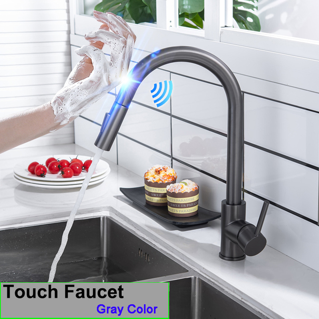 Touch On Kitchen Faucet With Pull Down Sprayer, Touch On Kitchen Sink Stainless Steel Faucet Hot Cold Sensor Kitchen Mixer Tap