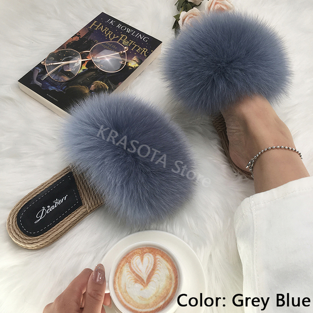 Real Fox Fur Slides Summer Women Faux Espadrilles Slippers Ladies Fluffy Flip Flops Luxury Furry Sandals Shoes 36 37 38 39 40