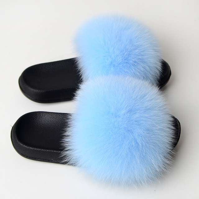 Real Fox Fur Slippers Women Summer Indoor Fluffy Flat Raccoon Fur Slides Outdoor Fashion Casual Beach Shoes Plus Size Shoes