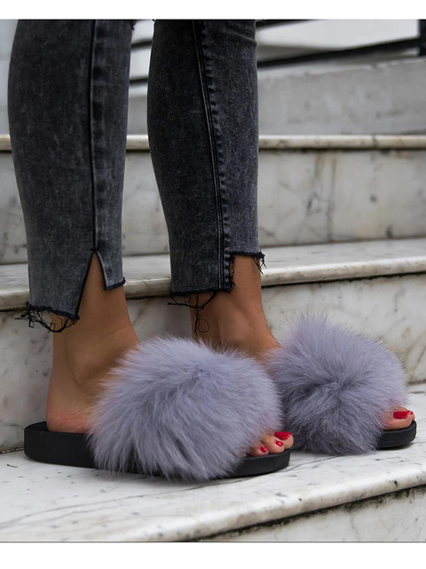 Women Fox Shoes Fur Slippers Real Fox Fur Slides Home Furry Flat Sandals Female Cute Wholesale House Shoes Woman Luxury Brand Ho