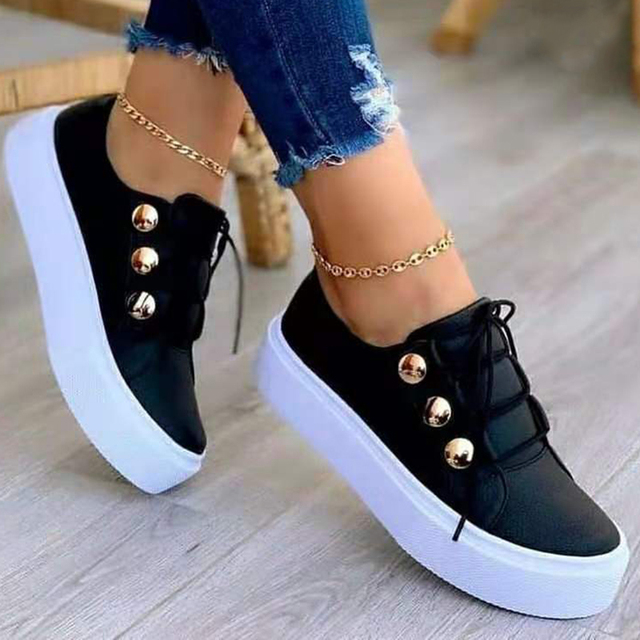 Rimocy Shiny PU Leather Thick Bottom Sneakers Woman Plus Size 43 Lace Up Platform Shoes Women Gold Silver Flats Zapatos De Mujer