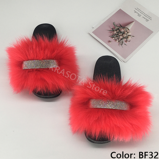 Home Slippers Women Thin Slippers Luxury Summer Faux Fur Slippers Furry Slides Shoes For Women With Rhinestones Slipper 2022