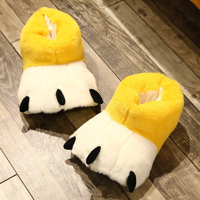 Women Creative Cute Plush Bear Paw White Long Tube Cotton Shoes Couple Indoor Winter Home Warm Cartoon Non-slip Fuzzy Slippers