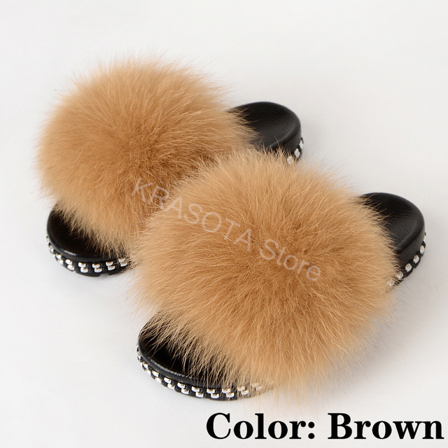 Fur Slippers Women Real Fox Fur Slides Fluffy Home Slippers Luxury Flip Flop with Fur Ladies Platform Sandals Summer Shoes Women