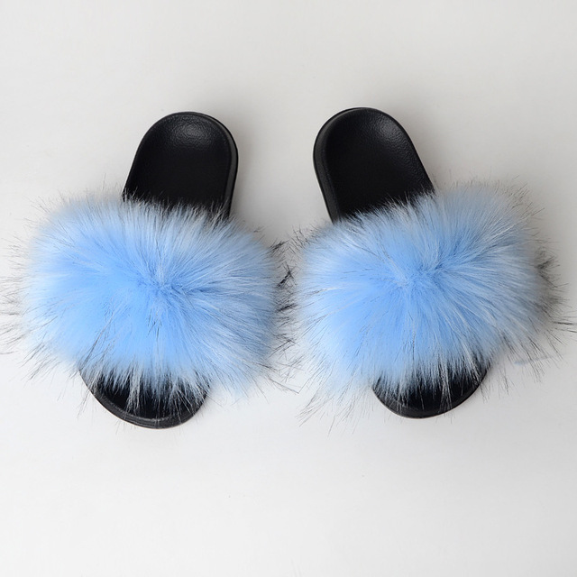 Women Summer New Synthetic Fox Fur Slippers Indoor Home Furry Cute Faux Raccoon Fur Non-slip Outdoor Home Shoes Beach Sandals