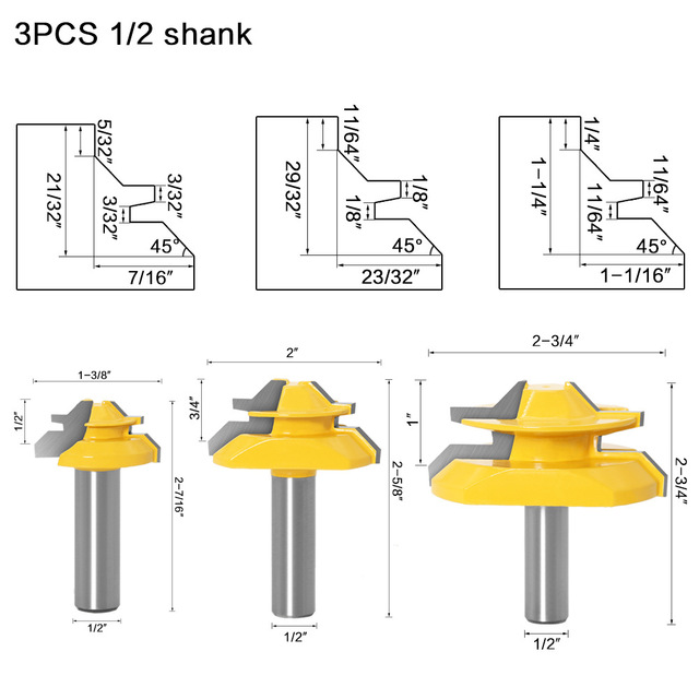 1pc Tungsten Carbide 45 Degree Lock Miter Router Bit 12mm Woodworking Tenon Milling Cutter Drill Tool Set Milling for Wood