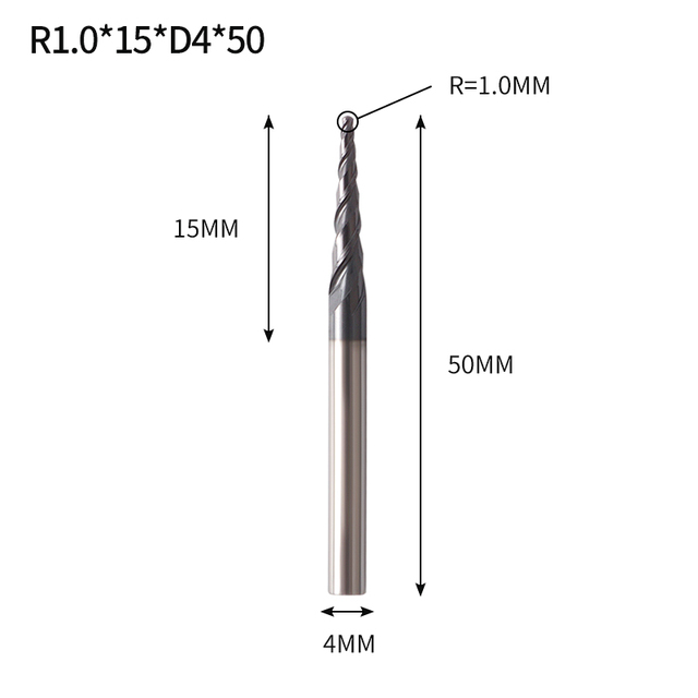 VACK - Ball Nose Pointed End Mills, 3.175mm, 4mm, 6mm, 8mm, Router Bits, Cnc, Wood and Metal Milling Machine