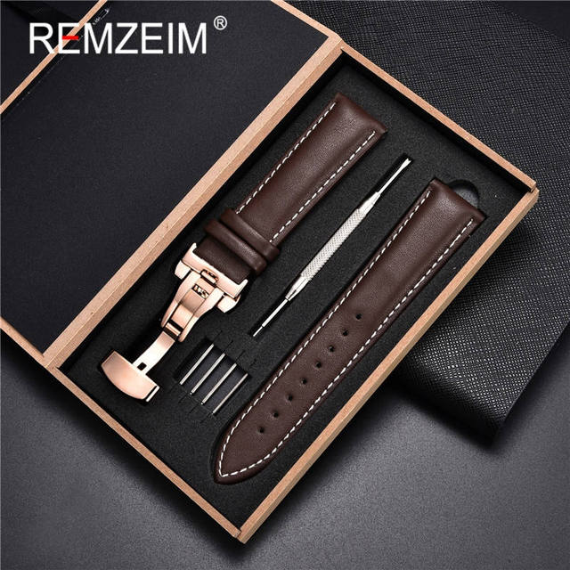 Rimzm Soft Calfskin Leather Watches 18mm 20mm 22mm 24mm Straps Automatic Butterfly Clasp Watch Accessories With Box