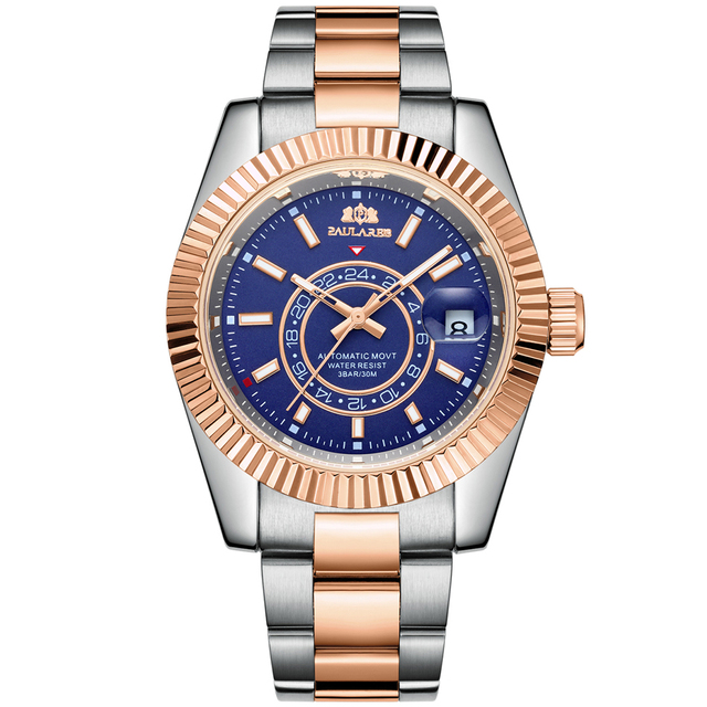 Men's automatic self-wind mechanical stainless steel strap rose gold silver blue date luxury sky 40mm watch