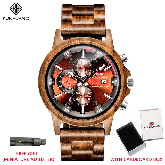 Kunhuang Men Watches Luxury Brand Wooden Walnut Sport Quartz Watch Men Fashion Date Chronograph Watch Relogio Masculino