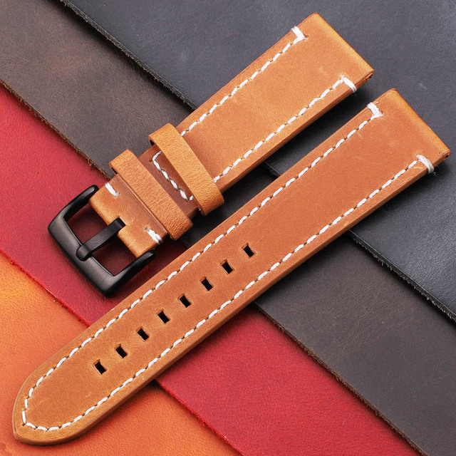 Genuine Leather Watch Band Strap Manual Men Thick 7 Colors 18mm 20mm 22mm 24mm Watchbands Stainless Steel Buckle Accessories