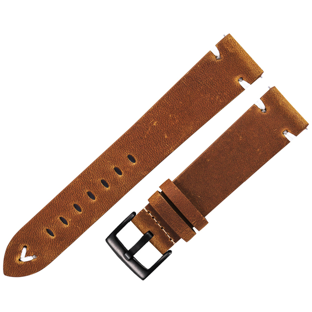 Leather Watchband Black Dark Brown Oil Wax Leather Italian Watch Strap 18mm 20mm 22mm Quick Release Handmade Cowhide Watch Strap