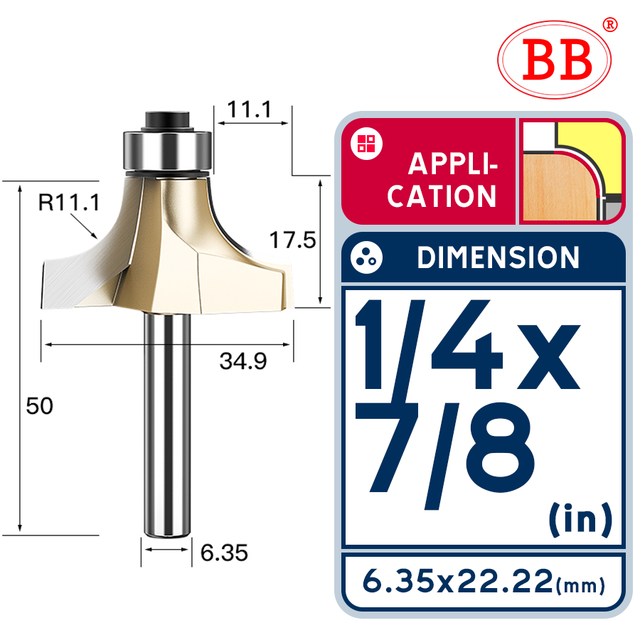 BB Corner Rounding Router Bit Concave Milling Cutter with Parallel Shank 1/2 1/4 Inch Woodworking Tool Round Edge Trimmer