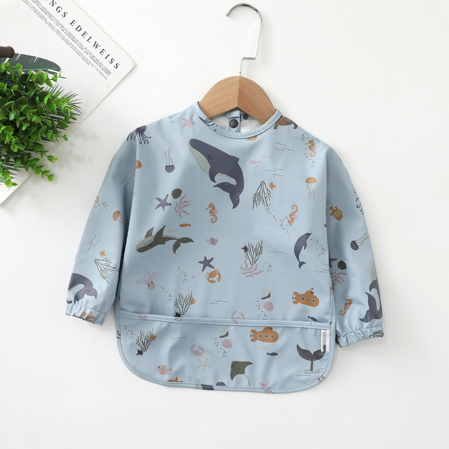 Easy to Wear Long Sleeve Baby Bib Baby Soft PU Bibs Painting Waterproof Meals Protection Washable Easy Clean Smock for Babies