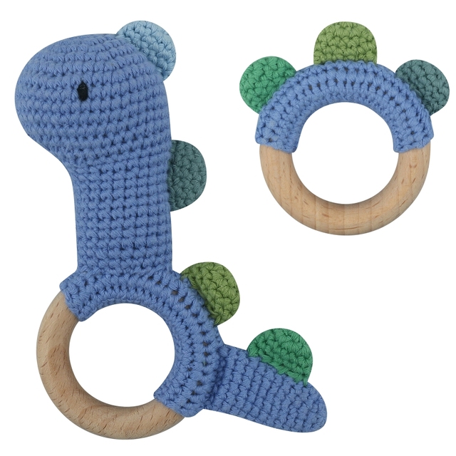 1pc or 2pcs/set BPA Free Crochet Dinosaur Baby Teether Rattle Safe Beech Wooden Teether Ring Newborn Mobile Sport Educational Toy