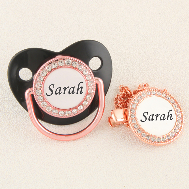 Luxury Rose Gold Personalized Logo Pacifier with Rhinestone Clips Orthodontic Soother Infant BPA Free Silicone Nipples