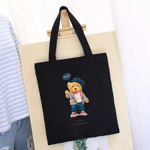 Women's Shopping Bag All-match Bear Chain Handbag Folding Reusable Canvas Shopper Harajuku Style Bag New Student Canvas Tote Bag