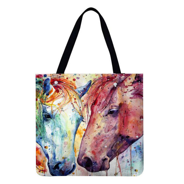 Reusable Linen Shopping Bags Casual Ladies Animal Horse Printed Pattern Tote Square Large Capacity Storage Bag