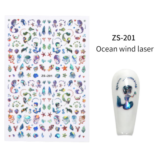 LEAMX Ocean Cute Glitter Laser Nail Art Marine Animal Shell Turtle Fish Starfish Nail Sticker Slider 9D Nail Sticker Decoration