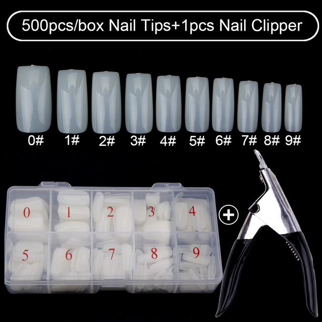 500pcs/box Clear Artificial False Nail Tips Capsule with Nails Cutter Coffin French Full Cover Fake Nails Manicure Tools