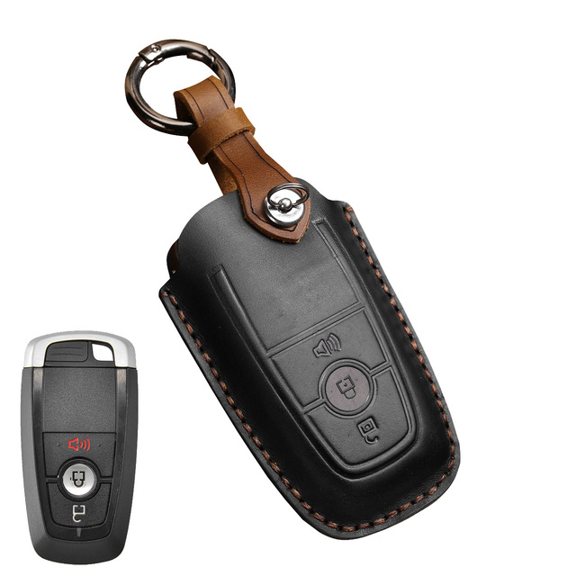 Leather Key Case Cover Fob Keychain Holder For Lincoln Ford Raptor F150 Explorer Everest Ranger Accessories Remote Keyring Bag