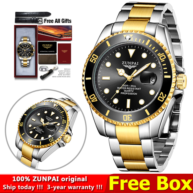 100% Original ZUNPAI Watch Men Sport Water Resistant Diving Wristwatches Stainless Steel Gold 2022New Luxury Fashion TOPBrand