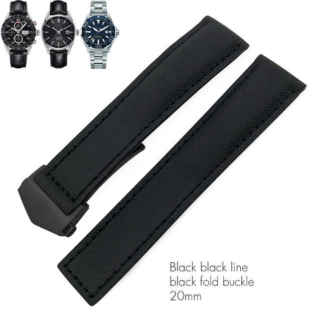 20mm 22mm Canvas Nylon Leather Watch Strap Fold Buckle Black Watch Band For Tag Heuer Carrera AQUARACER Watch Bracelets For Men