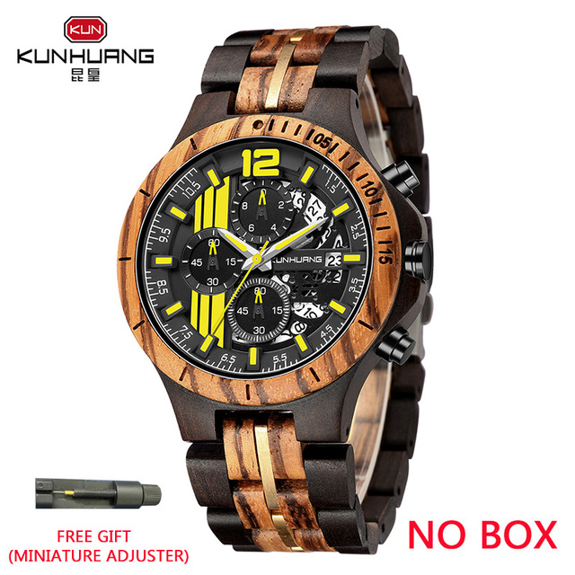 Kunhuang Handmade Wooden Watch Men Water Military Watches Chronograph Quartz Watches relogio masculino men gifts