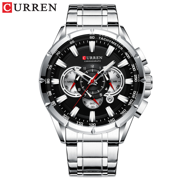 CURREN New Casual Sports Watch Men's Chronograph Stainless Steel Band Watch Large Wristwatch Quartz Watch With Luminous Pointers