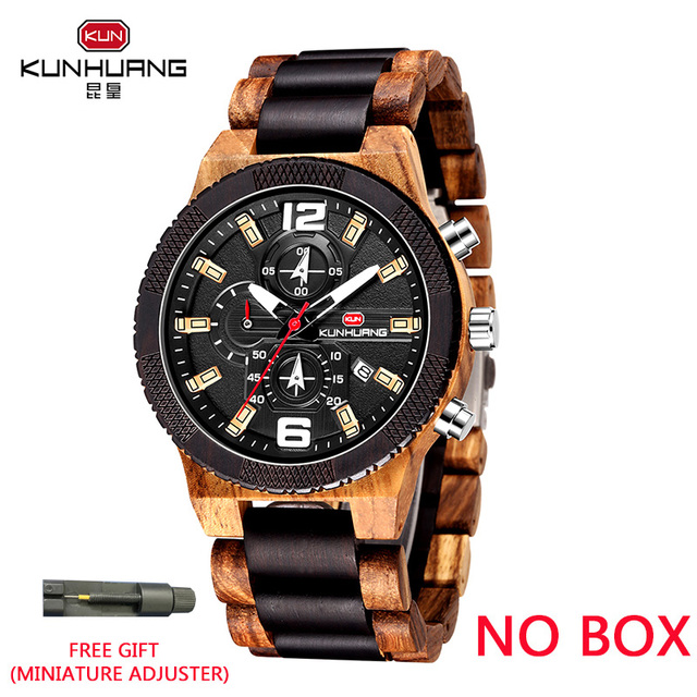 Kunhuang Wooden Watch Fashion Personality Creative Design Senior Ebony Men Watches Quartz Watch Movement Wooden Box Montre Homme