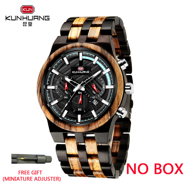 Kunhuang New Wooden Watch Men Luxury Chronograph Ebony Quartz Watch Blue Dial Metal Glass Mirror Wooden Box