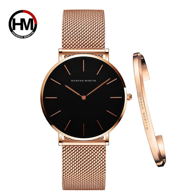 Women Watch 1 Set Bracelet Japan Quartz Simple Movement Waterproof Rose Gold Stainless Steel Mesh Ladies Watch relogio feminino